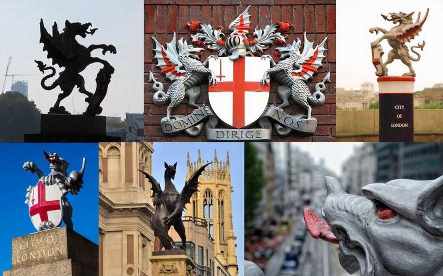 Simbología (escudos, dragones) en la "City of London", Inglaterra, centro financiero mundial